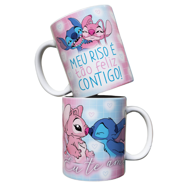 Caneca Meu Riso  to feliz contigo Stitch e Angel