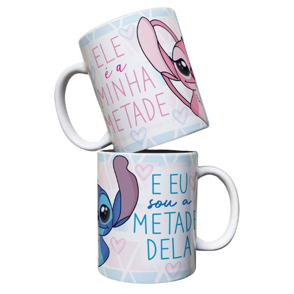 Caneca Ele  minha metade ela  minha metade Stitch e Angel