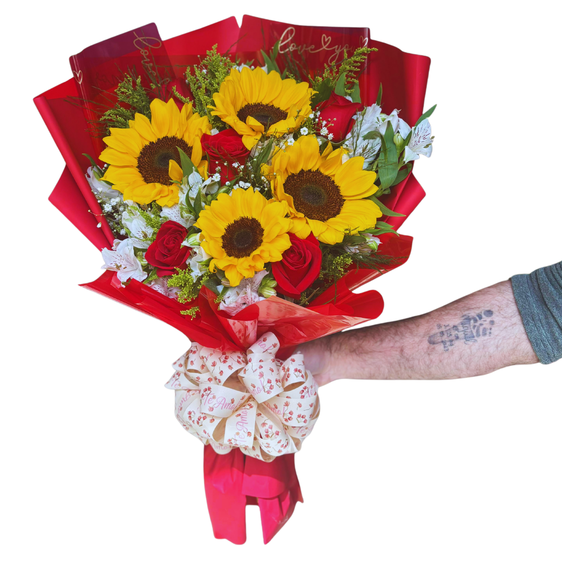 Buqu com 4 Girassis e 4 Rosas vermelhas