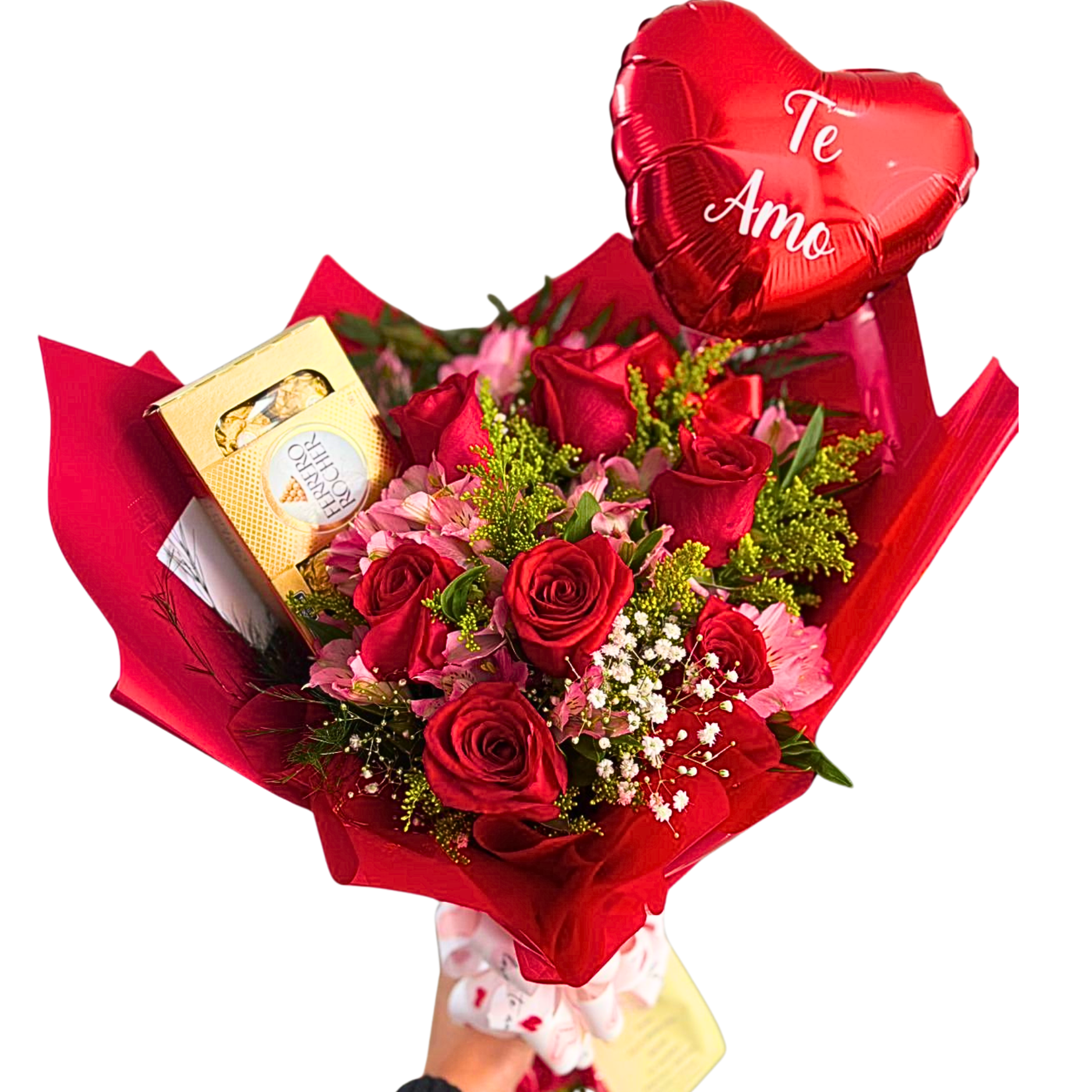 Buqu 7 Rosas vermelhas Ferrero Rocher 8 unidades e Balo Te amo