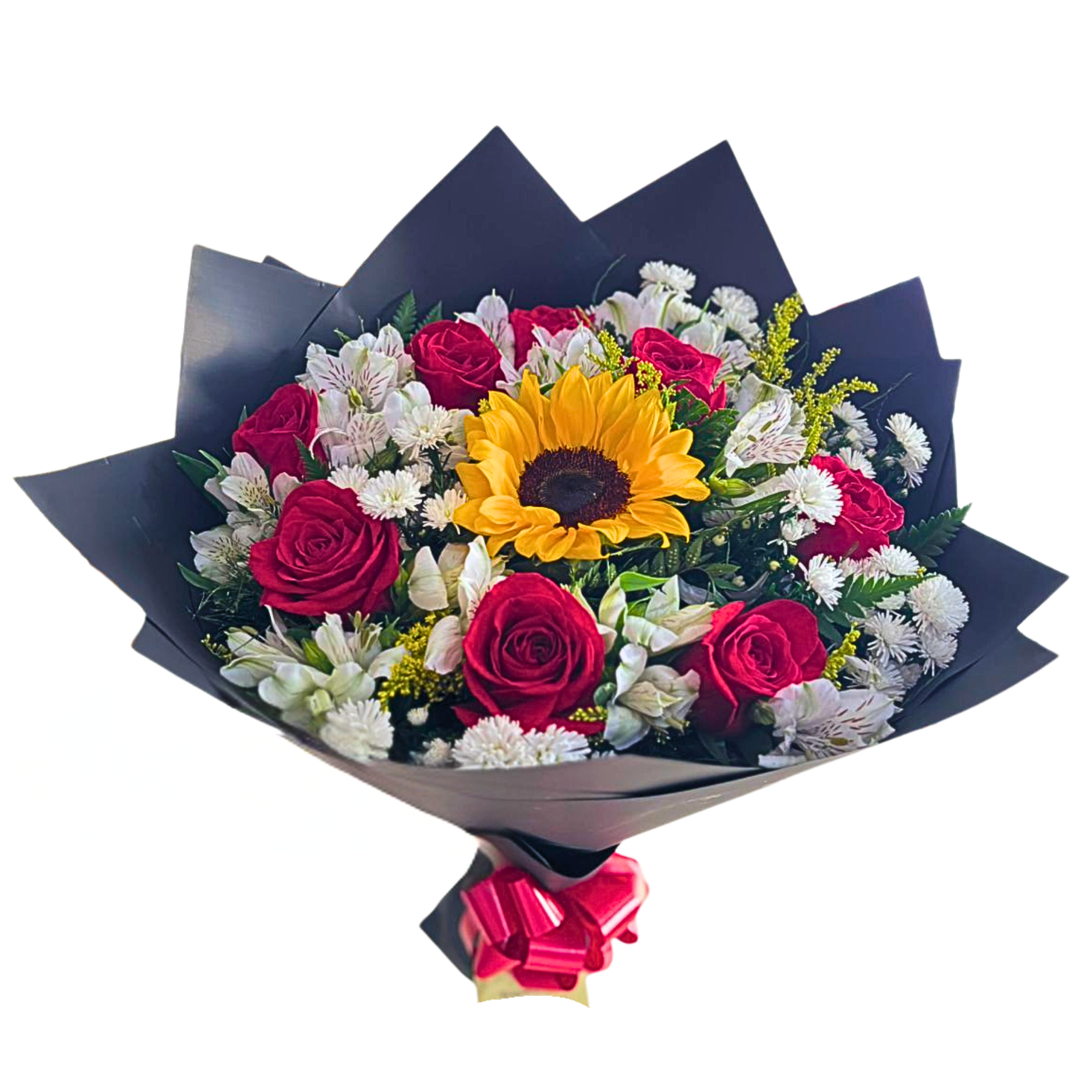 Buqu� com 8 Rosas Vermelhas e 1 Girassol