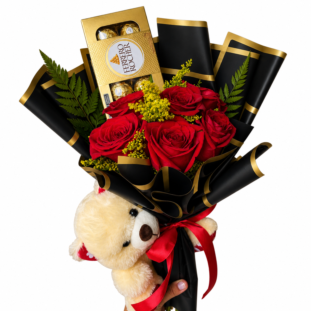 Cole��o Love - Buqu� 6 rosas vermelhas Colombianas e Ferrero Rocher T8 e Pel�cia Pequena