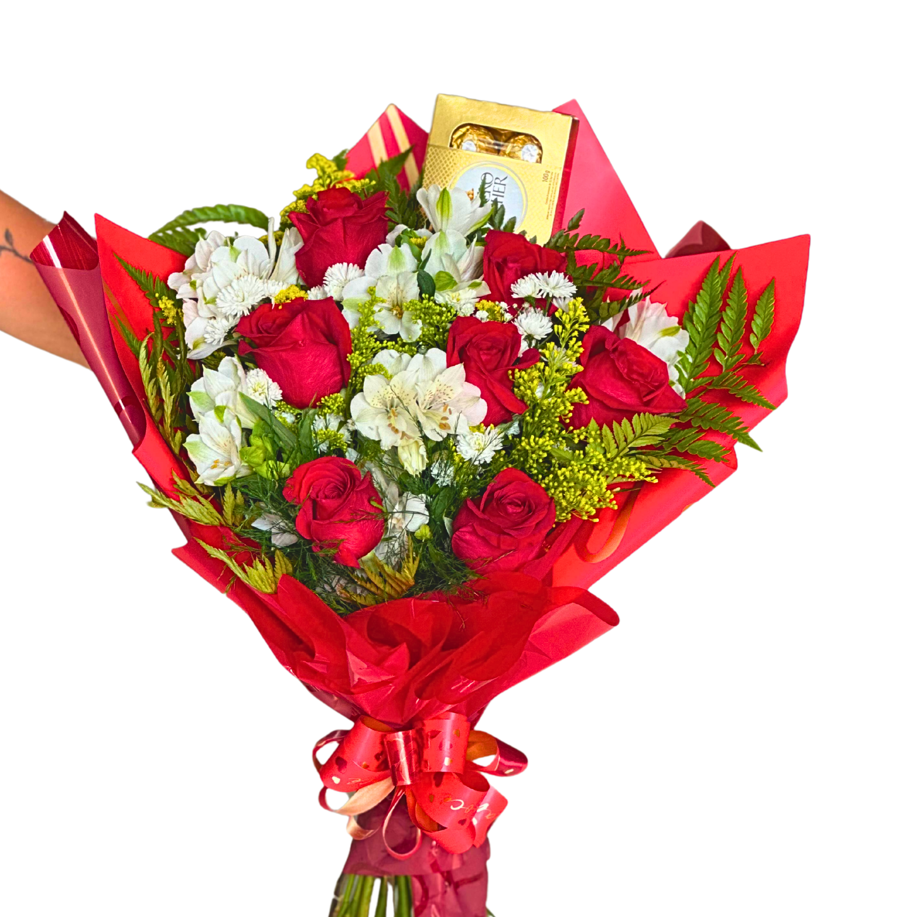 Buqu 7 Rosas vermelhas e Ferrero Rocher